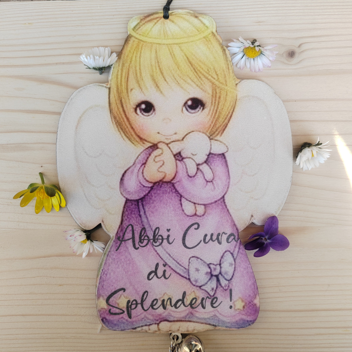 Angelo con campanellino "abbi cura di splendere" "