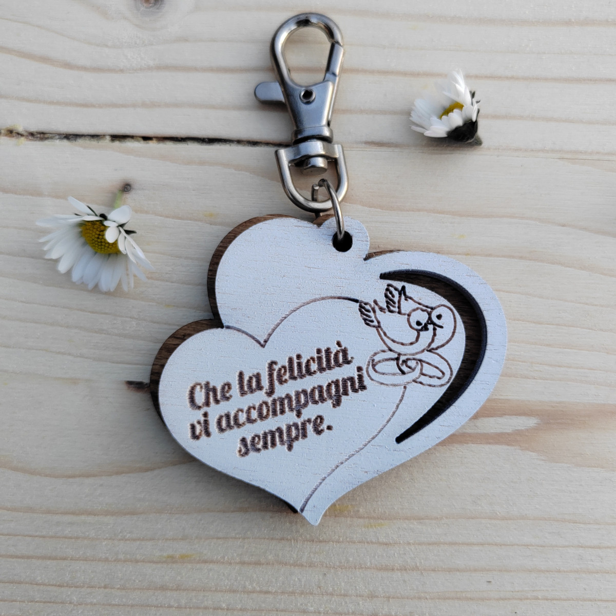 Portachiavi piccolo con moschettone "Che la felicità vi accompagni sempre"