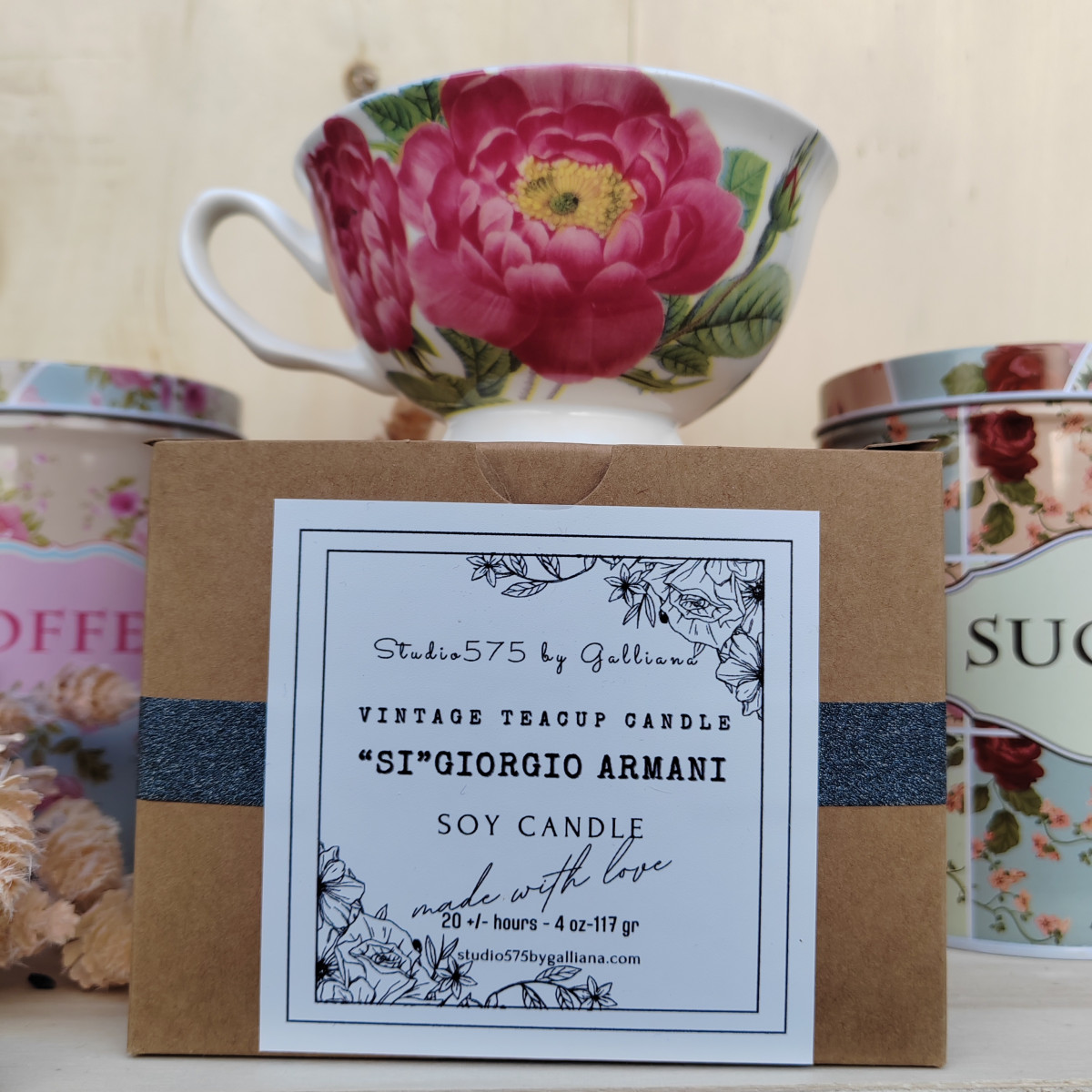 CANDELA VINTAGE INGLESE IN PORCELLANA "Peonia rosa"