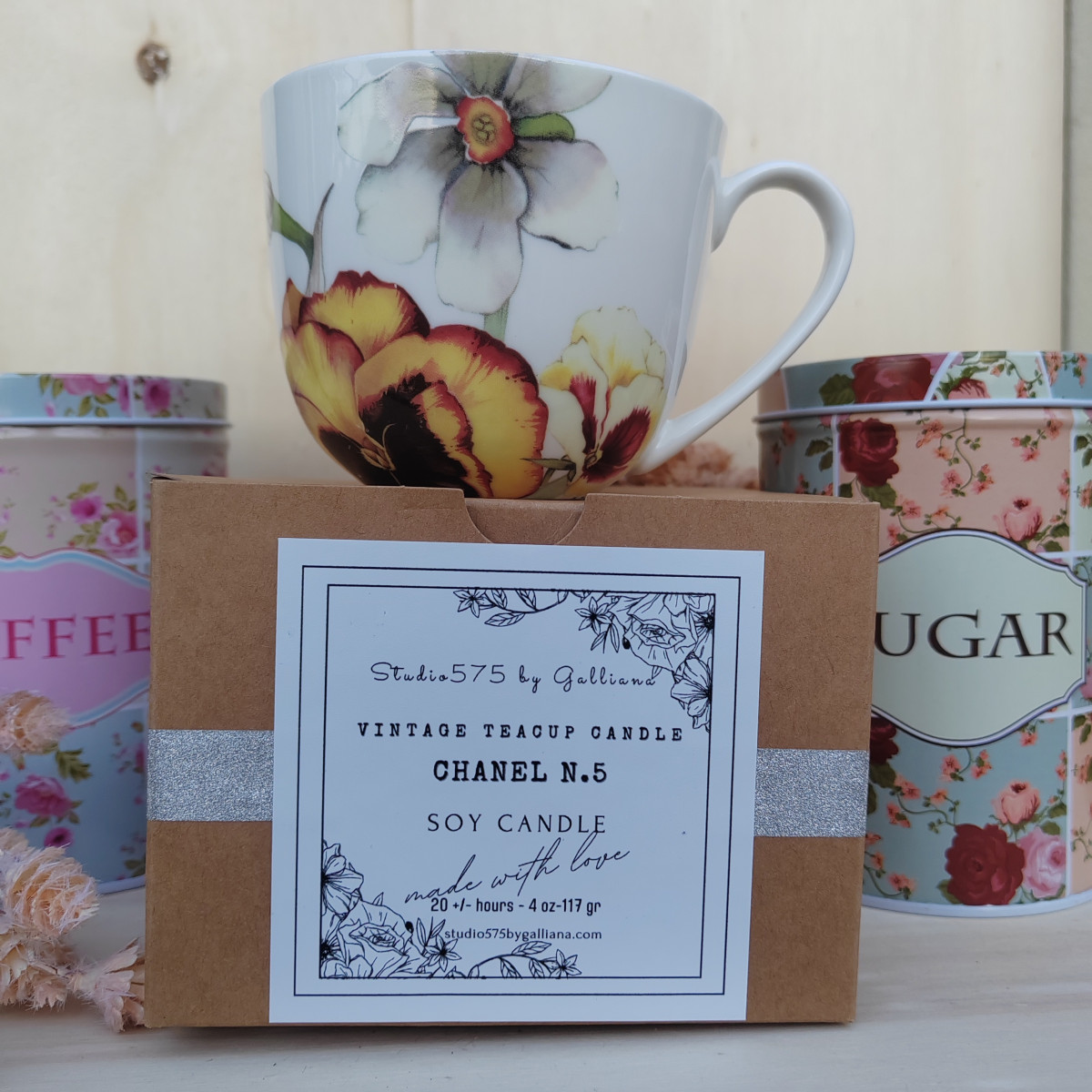 CANDELA VINTAGE INGLESE IN PORCELLANA "Violette e Anemoni"