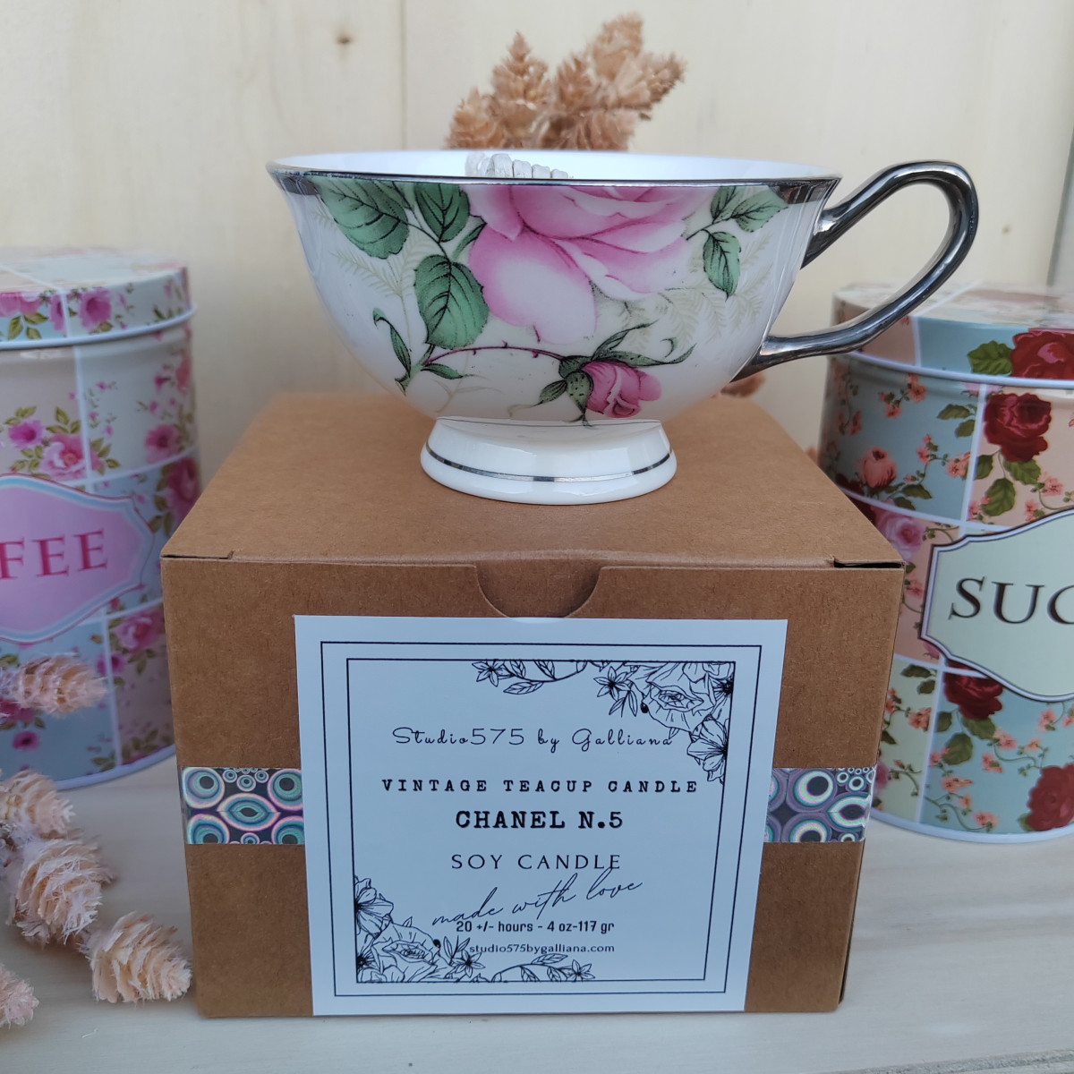 CANDELA VINTAGE INGLESE IN PORCELLANA "Rosa antica rosa su fondo bianco"