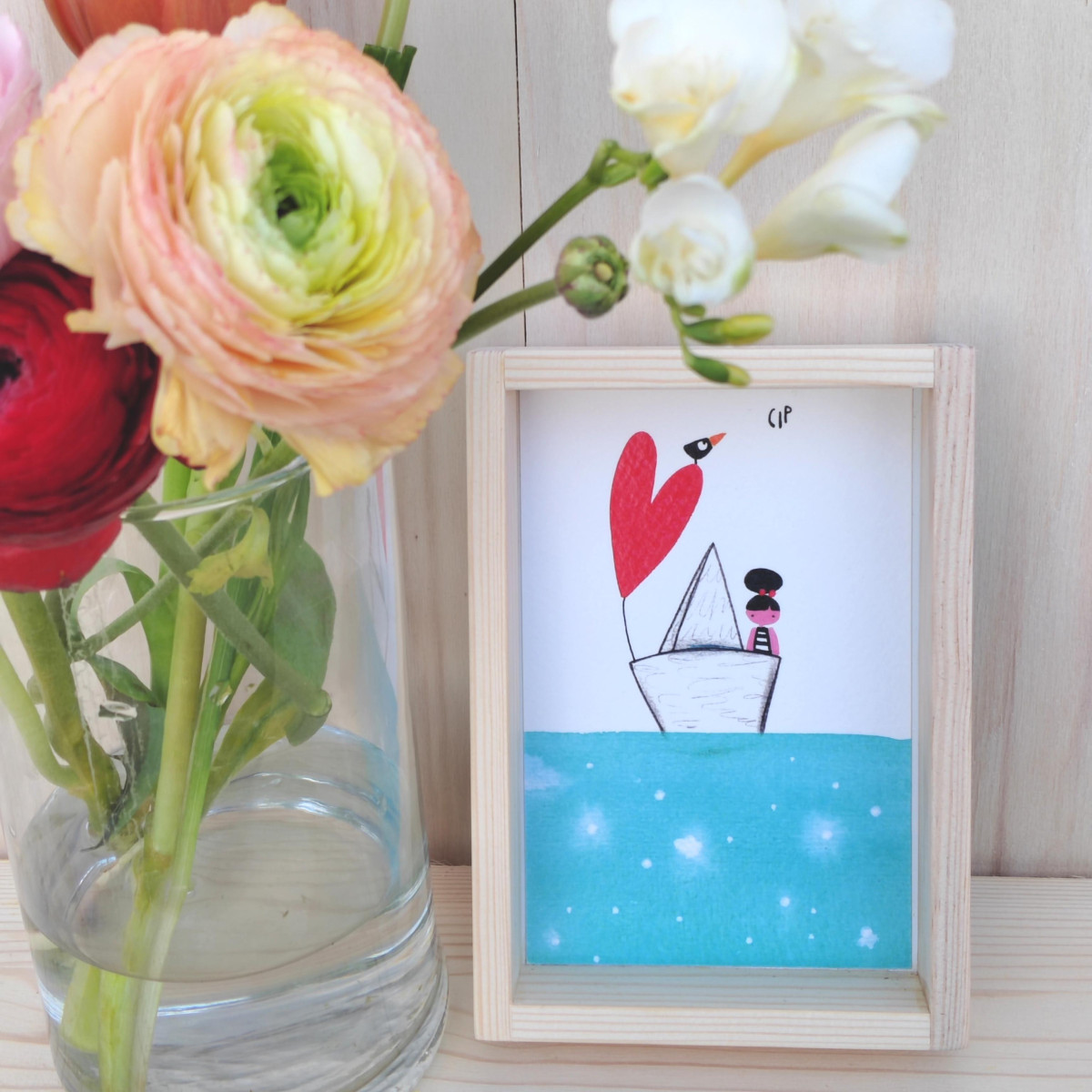 Quadretto "Ragazza barchetta con cuore"