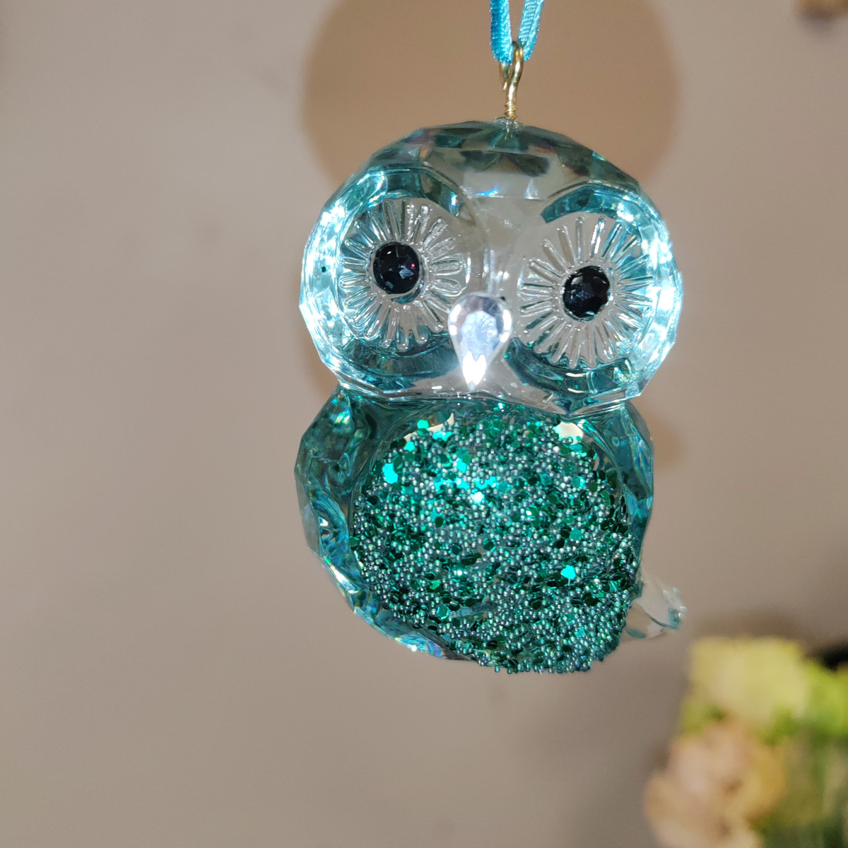 Gufetto sfaccettato azzurro e smeraldo con glitter